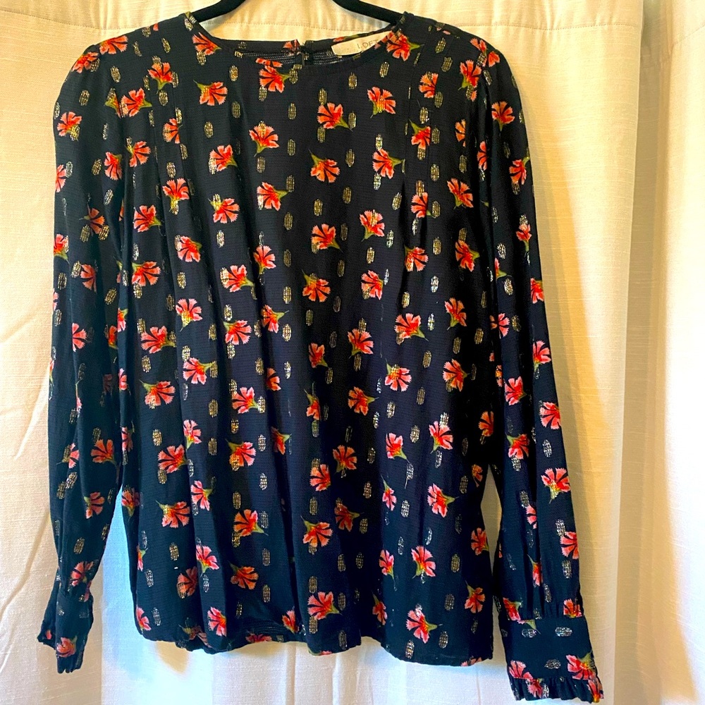 Loft long sleeve top. Red and pink floral. With golden metallic details